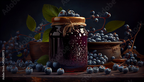 Blueberry jam in a glass jar and fresh berries on a dark background.generative ai