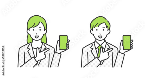スマートフォンを指差ししているスーツ姿の男性と女性のイラスト