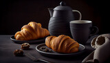Fresh croissants on a plate with a cup of coffee. Dark background.generative ai