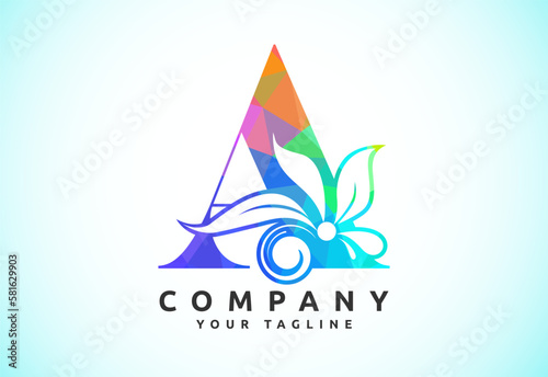 Polygonal floral letter A. Low poly style alphabet with botanical elements. Vector illustration