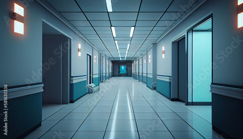 Futuristic hallway with glowing lights and reflections.generative ai
