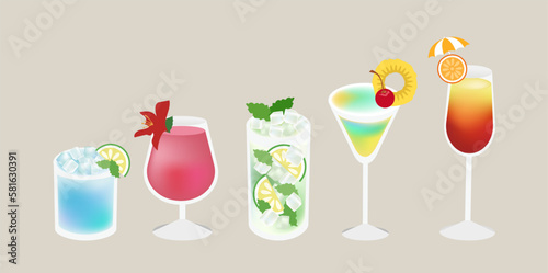 Realistic set with alcoholic cocktails. An illustration of classical drinks in different types of glasses.