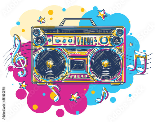 Music design - colorful drawn boom box tape recorder and musical notes