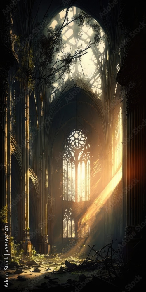Sunlit Gothic Ruins: A Neon Apocalyptic Scene