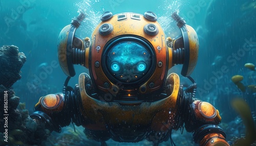 underwater humanoid robot digital art illustration, Generative AI