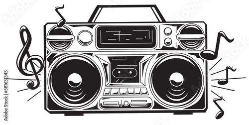 Music design - boom box tape recorder with musical notes
