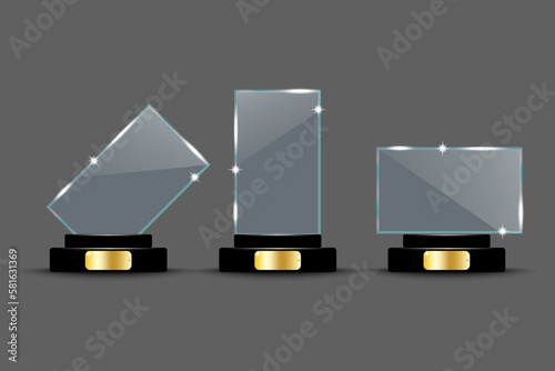 Glass prizes on a stand. Award background. Glass prizes in different shapes. Vector illustration.