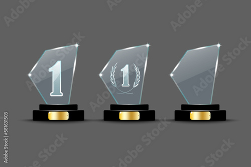 Glass prizes on a stand. Award background. Glass prizes in different shapes. Vector illustration.