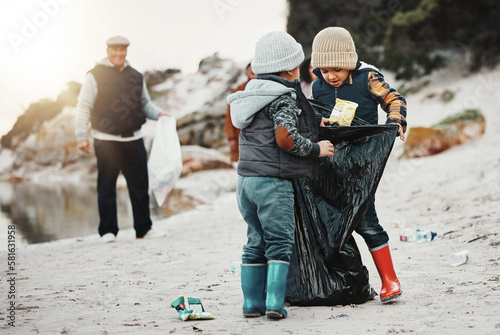 Environment, plastic bags and children on beach, recycle and cleaning on earth day, reduce waste and helping. Friends, volunteers and kids with climate change project, sustainability or pick up trash