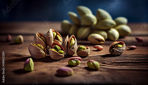 Pistachio nuts on wooden background. Healthy food concept.generative ai
