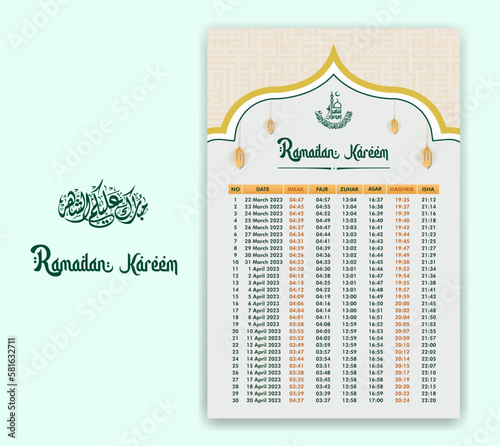 Ramadan time calendar 2023 With Prayer times in Ramadan. Ramadan Schedule - Fasting, Iftar, and Prayer timetable. Islamic background design with mosque and lamp.