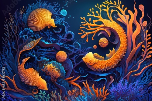 A coral reef inspired background with bright yellows and oranges mixed with deep blues and purples. Generative AI © Kanisorn