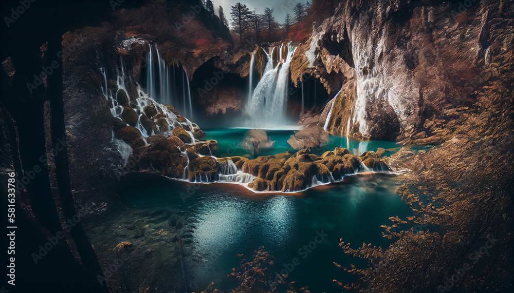 Fantasy landscape with waterfall and lake. generative ai