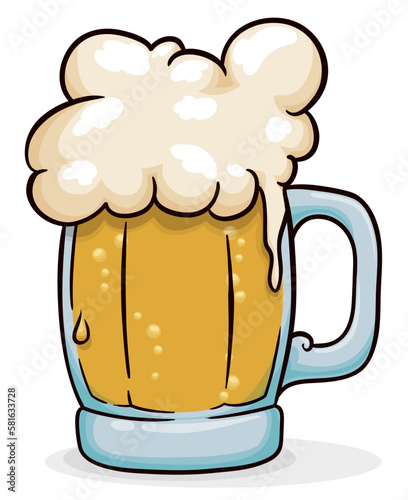 Delicious beer served in crystal mug with abundant foam, Vector illustration