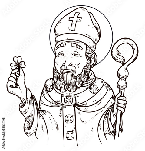 Portrait in hand-drawn style of Saint Patrick holding a clover, Vector illustration
