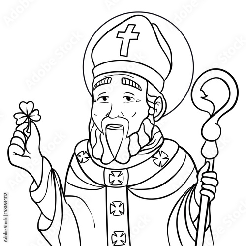Portrait in outlines of Saint Patrick with crosier and shamrock, Vector illustration