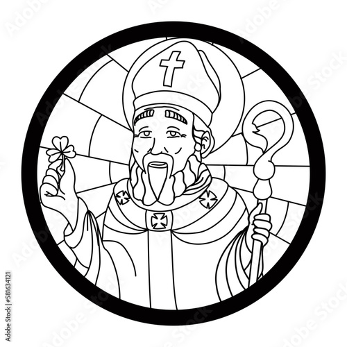 Circle with portrait of Saint Patrick like stained glass in outline, Vector illustration