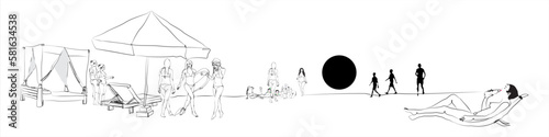 Female figure. Expressive line silhouettes of female bodies in various poses. Girls in swimsuits holding surfboards, standing, sitting or lying on the beach. vector sketch