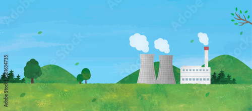 地熱発電と山と草原の風景イラスト水彩画