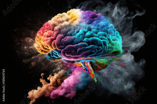 Concept art of a human brain exploding with knowledge and creativity, colourful powder, smoke - ai