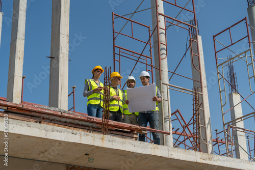 Diverse team of experts Inspect construction sites for commercial and industrial buildings, real estate projects with civil engineers.