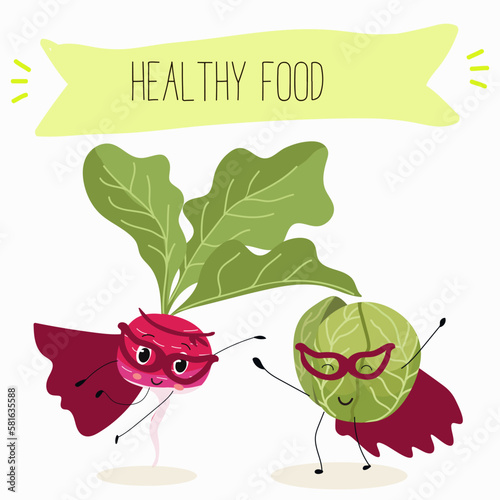 Illustration with funny characters cabbage, brussels, sprouts, radish   Funny and healthy food. Vitamins, cute face food, ingredients, vegetarian, vector cartoon, agriculture, raw.