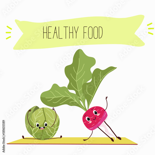 Illustration with funny characters cabbage, brussels, sprouts, radish   Funny and healthy food. Vitamins, cute face food, ingredients, vegetarian, vector cartoon, agriculture, raw.