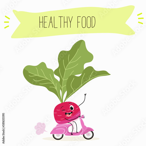 Illustration with funny characters cabbage, brussels, sprouts, radish   Funny and healthy food. Vitamins, cute face food, ingredients, vegetarian, vector cartoon, agriculture, raw.