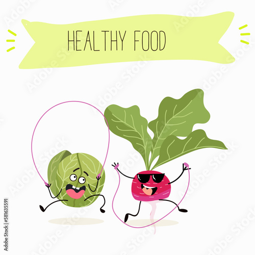 Illustration with funny characters cabbage, brussels, sprouts, radish   Funny and healthy food. Vitamins, cute face food, ingredients, vegetarian, vector cartoon, agriculture, raw.