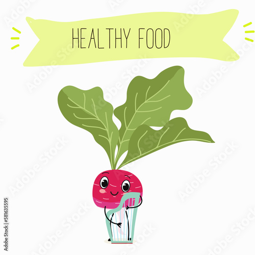 Illustration with funny characters cabbage, brussels, sprouts, radish   Funny and healthy food. Vitamins, cute face food, ingredients, vegetarian, vector cartoon, agriculture, raw.
