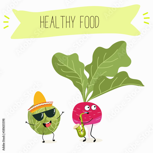 Illustration with funny characters cabbage, brussels, sprouts, radish   Funny and healthy food. Vitamins, cute face food, ingredients, vegetarian, vector cartoon, agriculture, raw.