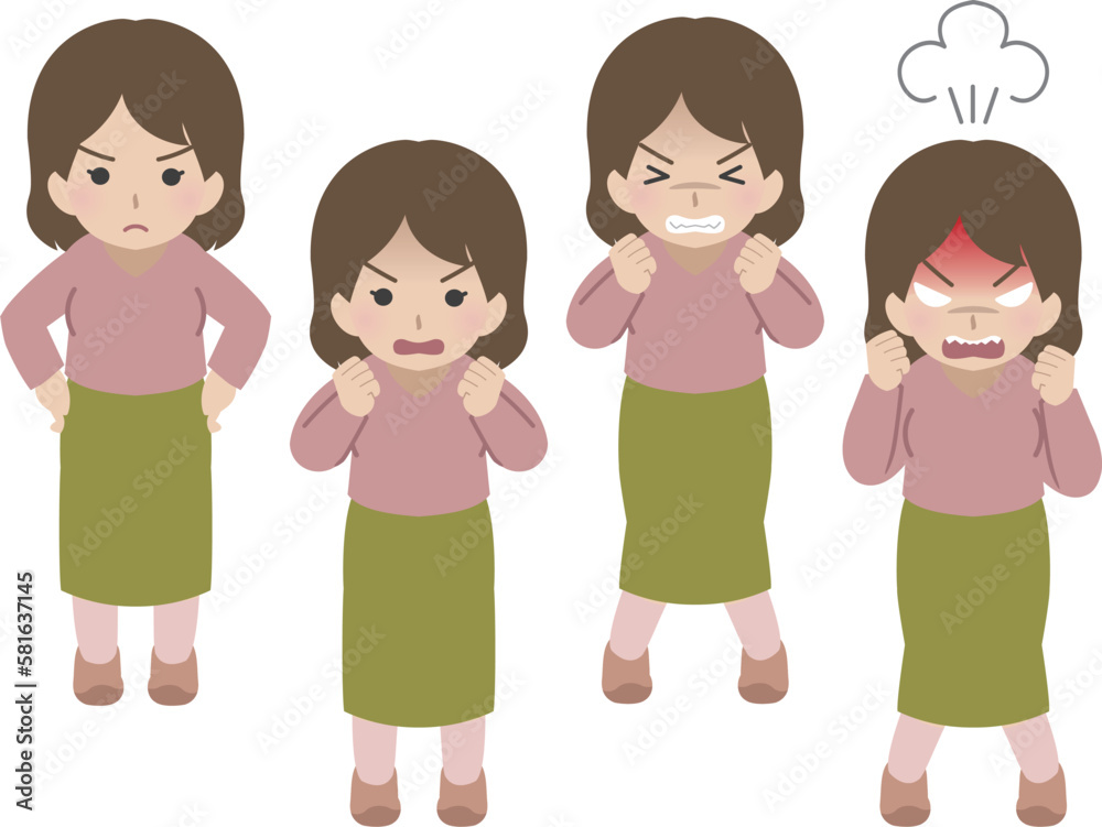 若い女性の怒る表情セット　私服