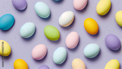 A colorful easter egg with polka dots on a blue background Generative ai