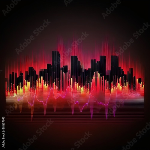 Cityscape with a red vertical sinus pulse curve. Made with Generative AI.