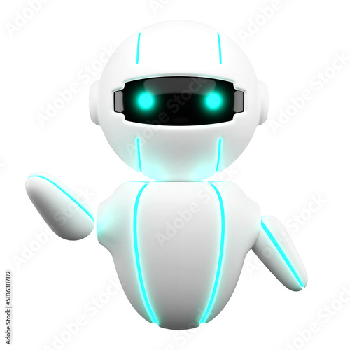 Friendly Cute robot with hand up hello, chatbot mascot, AI, Artificial intelligence, virtual smart assistant bot icon, customer support chat bot, innovation and technology concept. 3d rendering photo