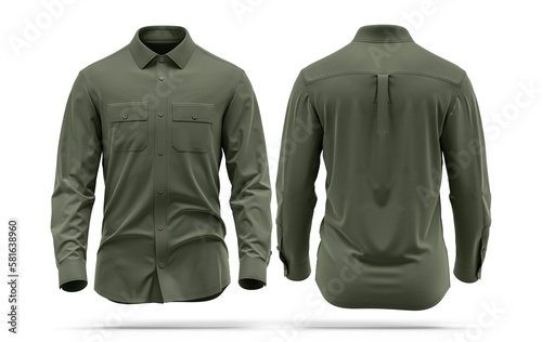Shirt cargo style, Long Sleeve, chest pocket, High-quality 3d rendered, Olive Front and back 