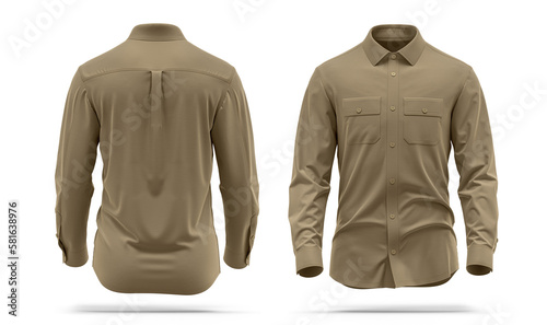 Shirt cargo style, Long Sleeve, chest pocket, High-quality 3d rendered, khaki Color Front and back  photo