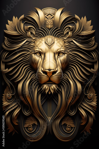 Golden Lion Head Art Deco Illustration on Black Background