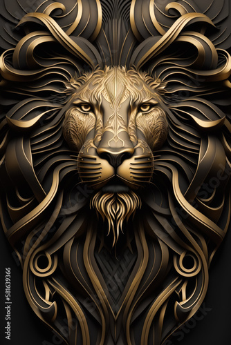 Golden Lion Head Art Deco Illustration on Black Background