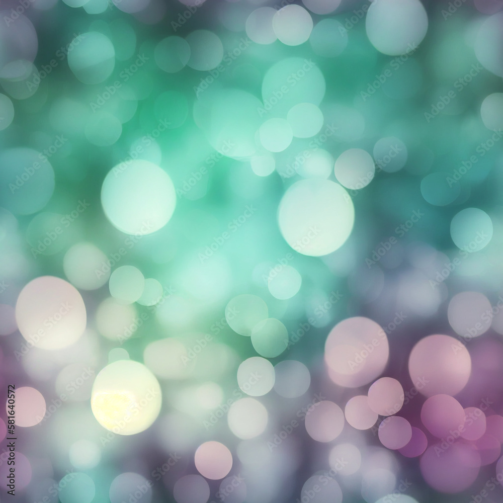 Seamless bokeh texture with green and purple spots, blurred background. Generative AI