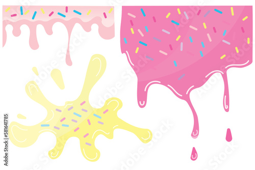 Yellow soft ice cream, splashes of sweet candies, pink long border, seamless banner pattern, vector white background