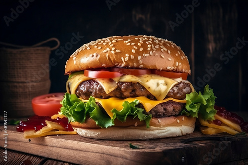 Delicious burger , fries, cheese, on wooden background. AI Generated..