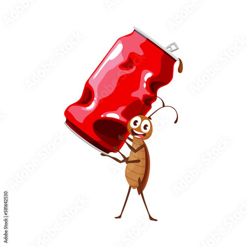 Cartoon cockroach character carry old tin can. Isolated vector funny bug, insect with garbage, cute book or game personage with smiling face, roach with soda jar