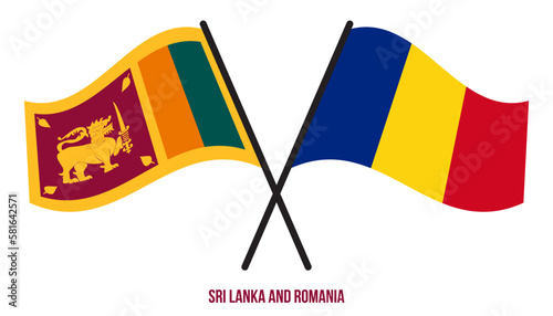 Sri Lanka and Romania Flags Crossed And Waving Flat Style. Official Proportion. Correct Colors.