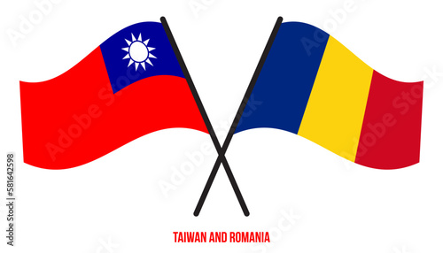 Taiwan and Romania Flags Crossed And Waving Flat Style. Official Proportion. Correct Colors.