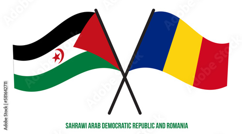 Sahrawi and Romania Flags Crossed And Waving Flat Style. Official Proportion. Correct Colors.