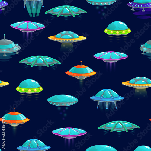 Cartoon ufo and spacecrafts seamless pattern. Vector background with cute alien saucers on blue backdrop. Space themed repeated ornament for wrapping paper  wallpaper or textile in childish style