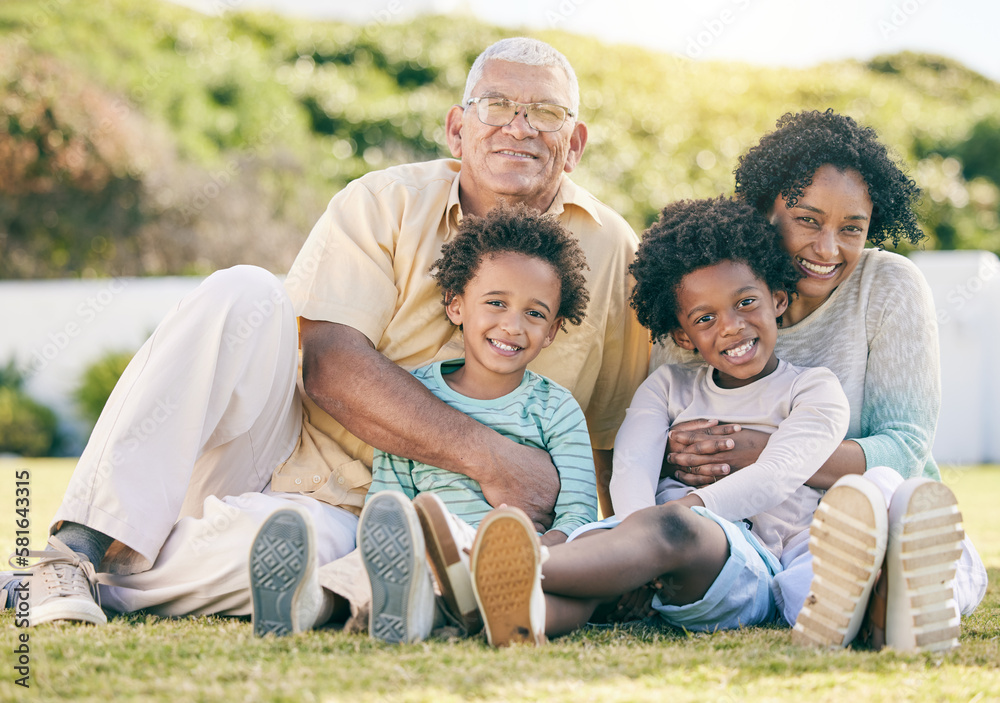 Smile, garden and portrait of children with grandparents enjoy holiday, summer vacation and weekend. Black family, happy and grandpa, grandmother and kids on grass for quality time, relax and bonding