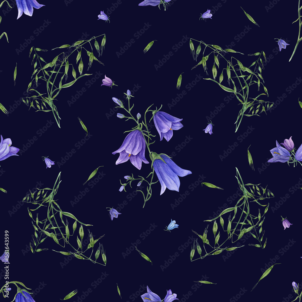 Watercolor seamless pattern of bluebells, wild oats isolated on dark background. For greeting card design, invitation template, background, prints, wallpaper, fabric, textile, wrapping.