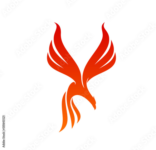 Phoenix bird icon, firebird with fire wings, vector symbol for brand or company. Phoenix in flame silhouette, firebird falcon, hawk or eagle bird rising, luxury hotel, fashion brand or boutique sign © Vector Tradition